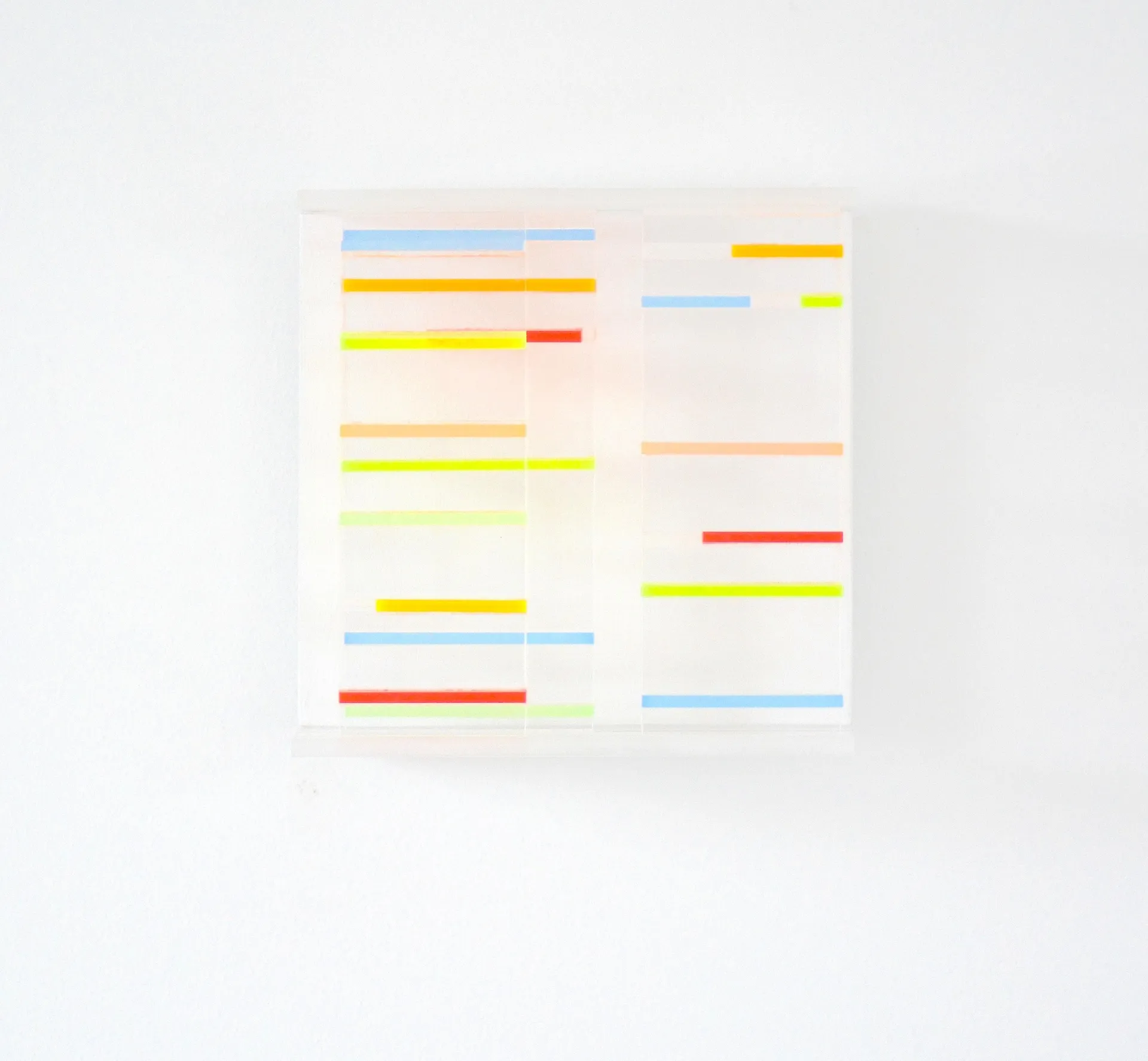 Licht-Linien V, MDF weiß lackiert, 2 Ebenen, Fluor. Plexiglas, ca. 15 x 15 x 7 cm